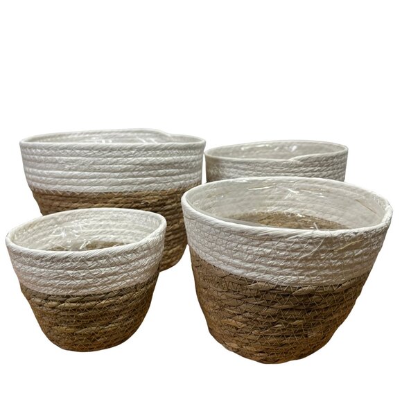 Set of 4 Seagrass & White Woven Plant Baskets – Indoor Planters | NWT - Picture 1 of 8